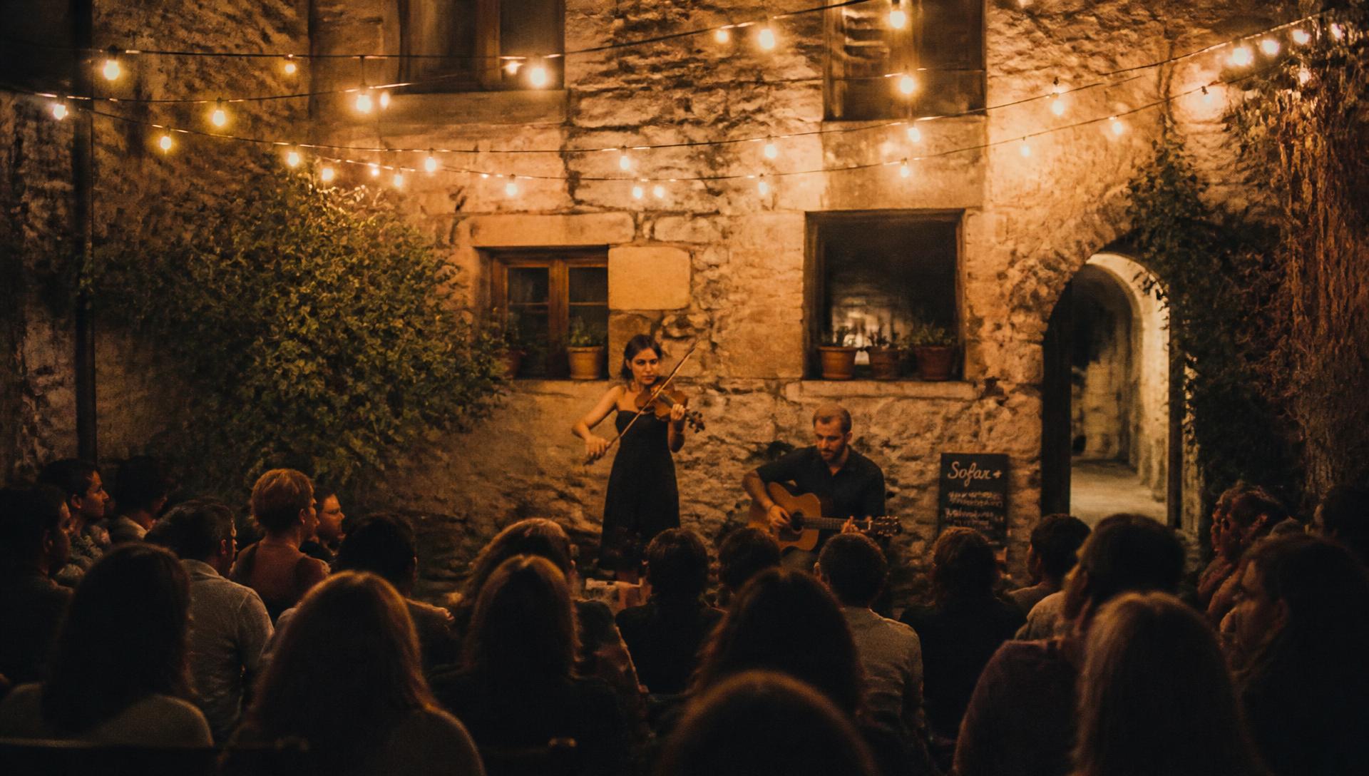 Concerto acustico serale nel cortile di un chiostro illuminato da luci calde